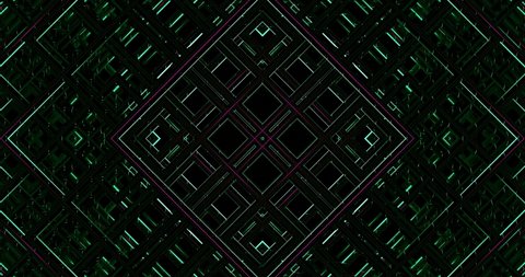 3d render with a geometric background made of a grid of cubes in green pink light