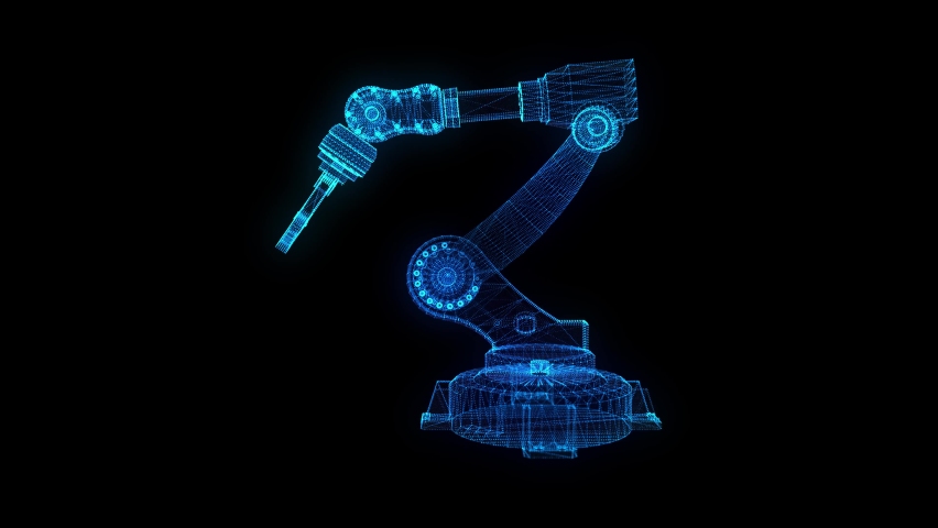 Industrial robot. Glow Blue particles formation in 3d robot hand model. Royalty-Free Stock Footage #1085999675