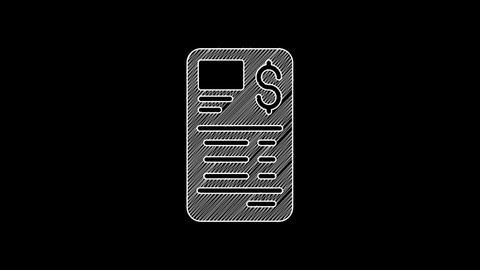 White line Paper or financial check icon isolated on black background. Paper print check, shop receipt or bill. 4K Video motion graphic animation.