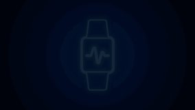 Glowing neon line Smart watch showing heart beat rate icon isolated on black background. Fitness App concept. 4K Video motion graphic animation.