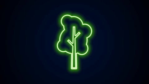Glowing neon line Tree icon isolated on black background. Forest symbol. 4K Video motion graphic animation.