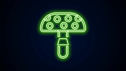 Glowing neon line Amanita muscaria or fly agaric hallucinogenic toadstool mushroom icon isolated on black background. Spotted poisonous mushroom. 4K Video motion graphic animation.