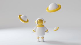 Cute cartoon astronaut on white background with planter above. Rotation 360 video. Space travel and colonization concept. 3d render in minimal style