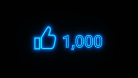 Modern Social Media Icon Stylish Glow On Black Background. Thumbs Up Like Symbol With Counting Positive Reactions