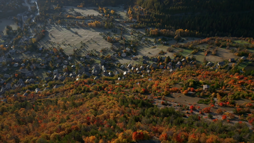 Aerial view of Riere Pont in autumn, Vallouise-Pelvoux, France