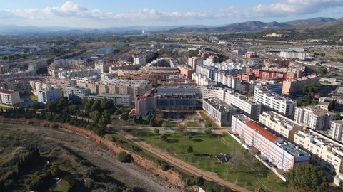 Aerial view of the urban landscape of the city of Castellón from the university area and the riverbed