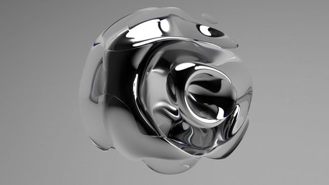 3d render of abstract art with surreal 3d organic alien ball or liquid substance in curve wavy smooth and soft bio forms in silver metal material with glossy glass parts on grey background