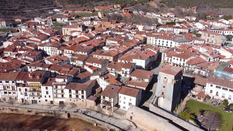 Aerial view of Covarrubias, ancient medieval village in Burgos, Spain. High quality 4k footage