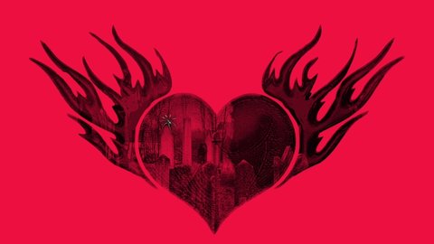 Macabre animated illustration of flying haunted black Valentine’s heart on red background