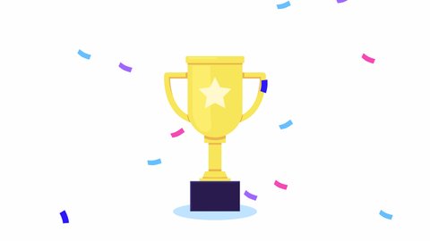 Golden trophy cup and confetti animation. first place label, success win, champion reward. Business or sports achievement. Competition winner, First place prize, victory, present, surprise celebration