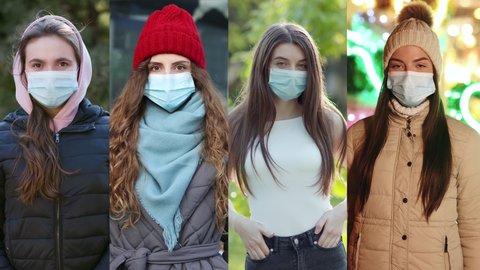 Multiscreen on diverse caucasian people in city in quarantine. Beautiful young girls in medical masks looking at camera. Collage group of people in masks. Public space on quarantine. Virus concept