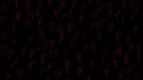 Linear red hearts on a black back. Animation of falling in love to clip overlay. Romantic background for declarations of love, stories in social networks. Heart doodle with alpha channel in 4k.