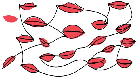 Self-drawing of many lips in one line on a white screen. Animation pattern of air kisses.