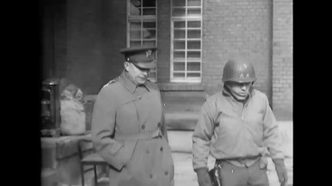 CIRCA 1945 - Generals Eisenhower, Simpson and McLain visit XIX Corps Headquarters in Julich, Germany.