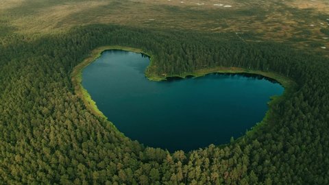 Drohe shot of heart shaped lake in estonia. Lake in the middle of green forest. 