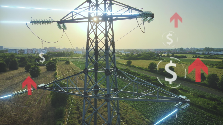 Energy prices rising concept, dollar icon and arrow on pylon background - 3D render Royalty-Free Stock Footage #1086029792