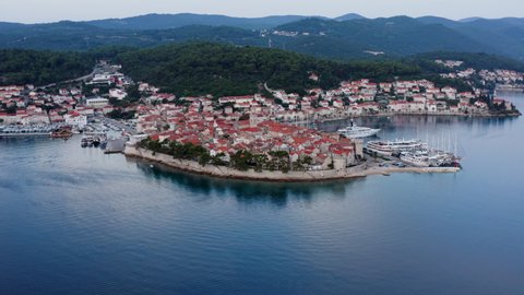 Stunning View Of Medieval Town Of Korcula In Adriatic Coast, Croatia. Aerial Wide
