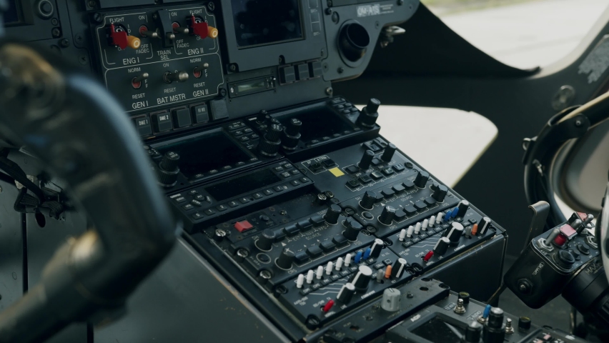 Control panel inside helicopter cockpit - dolly shot Royalty-Free Stock Footage #1086030740