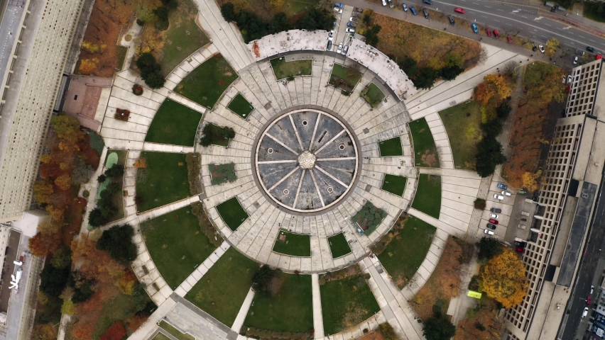 High altitude Aerial rotating Top shot of Freedom Square fountain in Bratislava, Slovakia