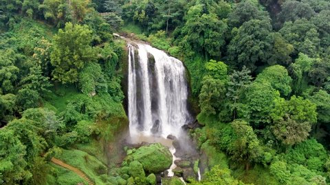 Curug Sewu waterfall in Kendal, Central Java. Indonesia. Aerial drone panoramic view