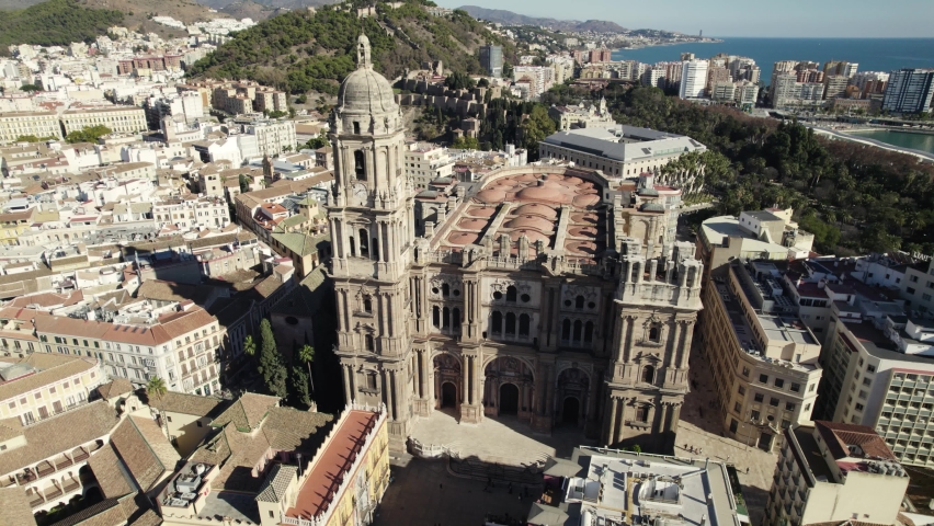 Malaga Cathedral facade with panorama city views, Aerial Orbiting. Andalusia. Spain | Shutterstock HD Video #1086031217