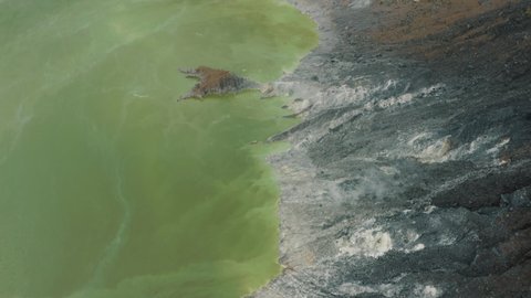 Aerial View Of Chichonal Crater Lake With Smoke Rising. Active Volcano In Francisco Leon, Chiapas, Mexico. top-down drone