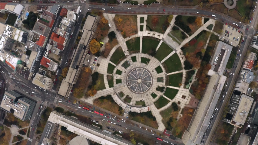 Aerial Top shot of Freedom Square in Bratislava, Slovakia on overcast day