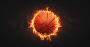 Rotating orange basketball ball in burning fire flames on dark background. Sport equipment as loopable 4K video background.