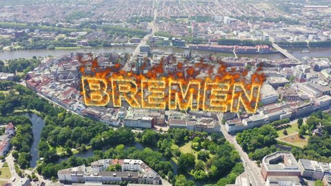 Inscription on video. Bremen, Germany. The historic part of Bremen, the old town. Bremen Cathedral ( St. Petri Dom Bremen ). View in flight. Name is burning, Aerial View, Departure of the camera