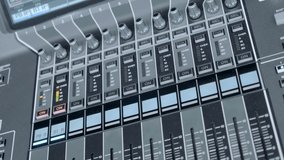 New modern high-tech professional mixing console with extensive audio processing possibility ​for TV, radio, concert and studio use. Shot in motion. Closeup