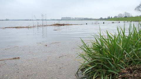 High water level on the floodplains of the river IJssel near the city of Zwolle in Overijssel during winter after heavy rainfall upstream.