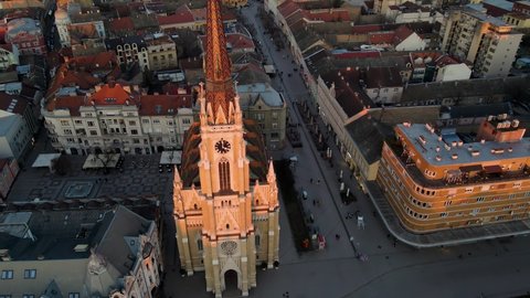 Drone aerial view around the Name of Mary Church in the centre city of Novi Sad, Serbia
