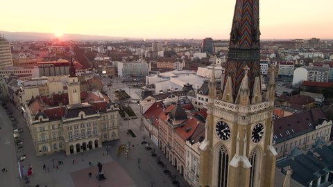 Novi Sad city center from drone aerial view around the Name of Mary Church and city hall Novi Sad, Vojvodina, Serbia