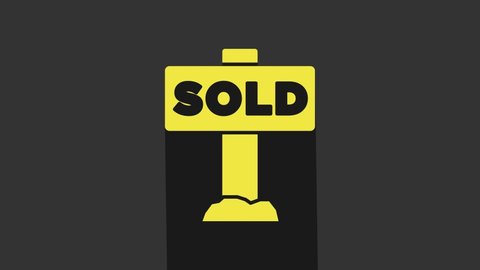 Yellow Hanging sign with text Sold icon isolated on grey background. Sold sticker. Sold signboard. 4K Video motion graphic animation.