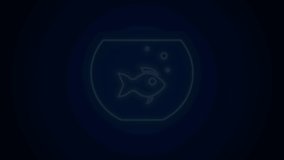 Glowing neon line Aquarium with fish icon isolated on black background. Round glass aquarium. Aquarium for home and pets. 4K Video motion graphic animation.