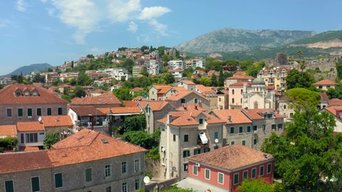 Aerial view of old town Herceg Novi in Montenegro mountains.
