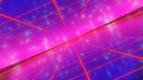 3d render retro eighties abstract  geometric background. Multicolor looped animation. Glowing stars pink blue neon tunnel. Luminous lines are repeatedly reflected in the mirror surface. Neon style