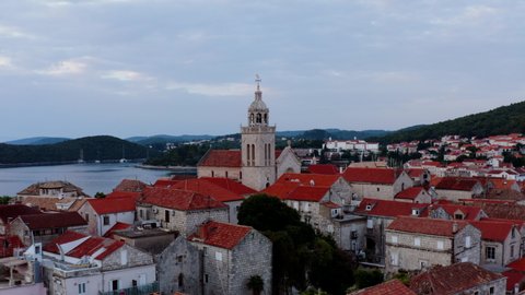 Historic Town of Korcula, Cathedral and Architecture aerial view, Island in Archipelago of Southern Croatia - drone shot