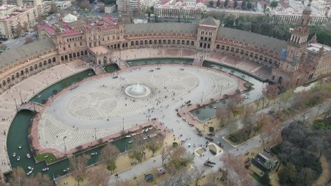 Stunning Spain Square or Plaza De Espana in Seville. Touristic landmark aerial view