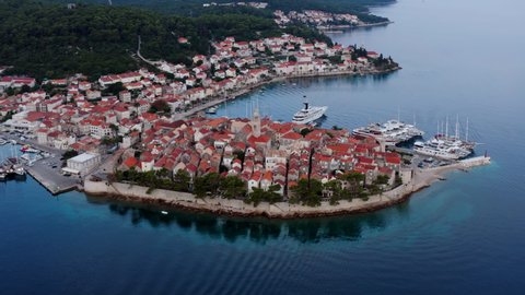 Aerial View Of The Old Town Of Korcula At Dawn In Croatia.
