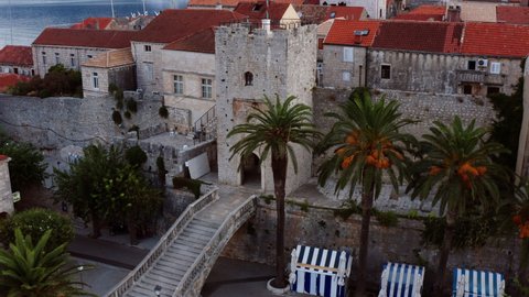 Aerial View Of Korcula Town Gate At Early Morning In Old Town Of Korcula In Croatia.