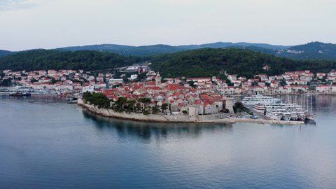 Korcula - Old Medieval Town In Dalmatia Region, Croatia - aerial drone shot