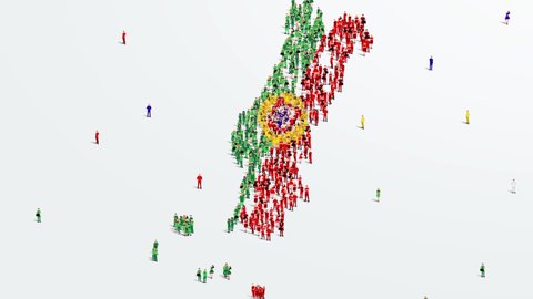 Portugal Map and Flag. A large group of people in the Portuguese flag color form to create the map. 4K Animation Video.
