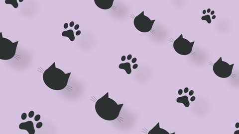 Colorful pattern of black cat heads and paws on purple background with shadows. Seamless pattern with cat paw and faces. Animal silhouette. 4K video motion