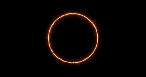 Fiery yellow red ring on a black background. Abstract circle of solar flame. A burning ring of fire gradually appeared and a constant burning in a circle. Animated 4k graphics, cartoon, overlay mode.