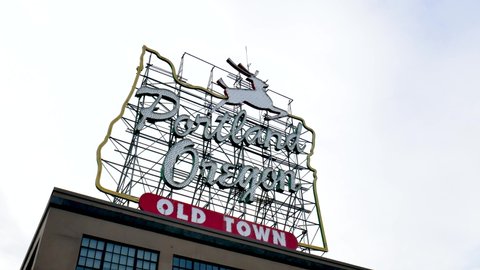 Closeup shot of Portland Oregon Old Town sign on Burnside Bridge. Portland, Oregon USA - circa 2021.