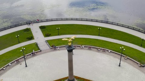 Russia, Yaroslavl - August 14, 2020: Strelka (Spit), Monument to the 1000th anniversary of Yaroslavl. Opened in honor of the celebration of the 1000th anniversary of the city of Yaroslavl, Aerial View