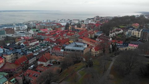 Aerial panoramic view over Helsingborg City center, Colorful buildings. Sweden