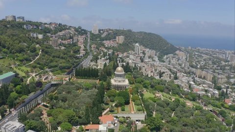 Aerial drone view of downtown of Haifa, Bahai Garden and Bahai Temple in Haifa, Israel. 4k aerial drone view, Israel