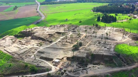 Aerial drone view Tel Megiddo national park known in Greek as Armageddon. A prophesied town for a battle during the end times in Israel